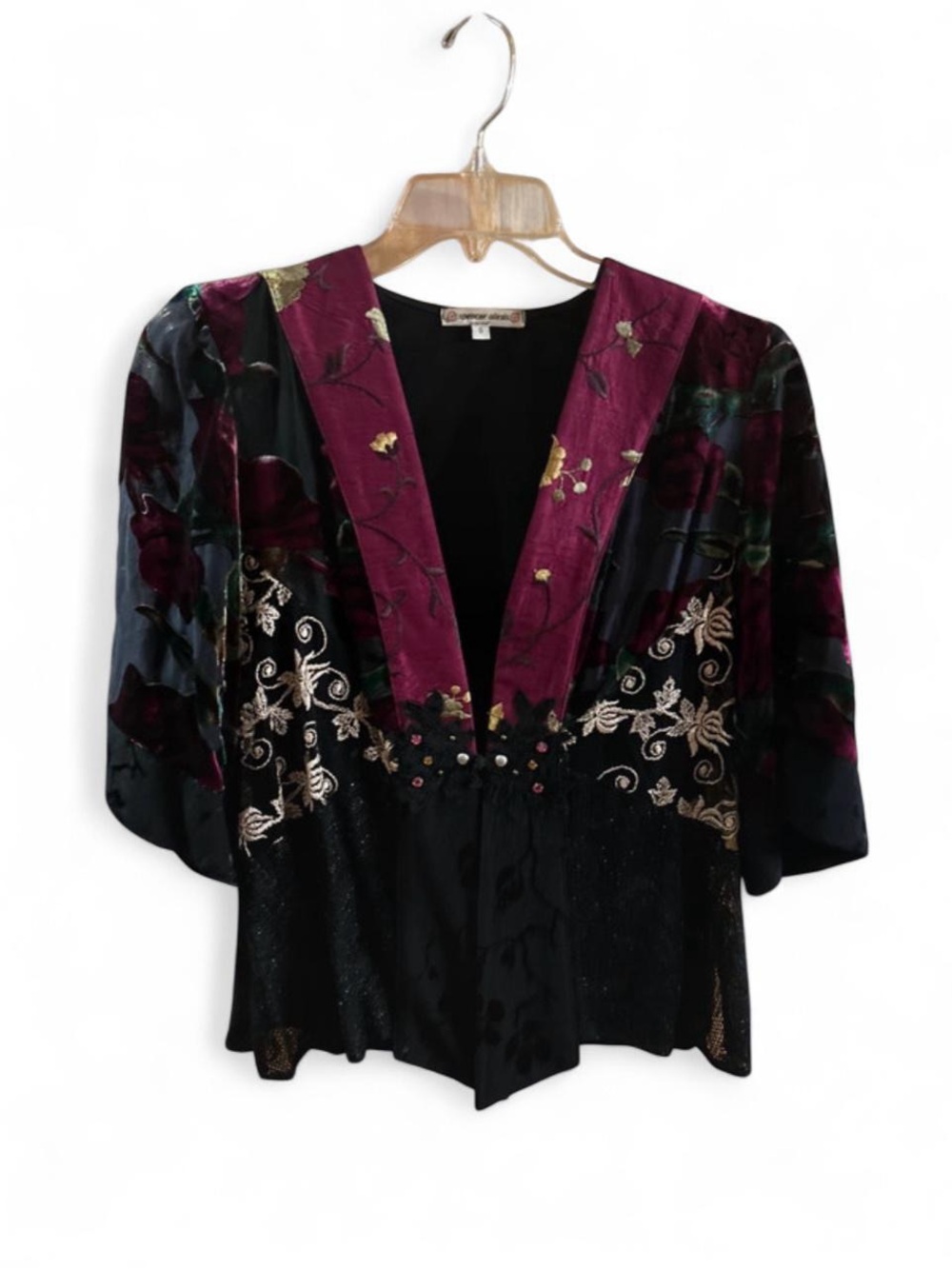 Vintage Spencer Alexis black velvet kimono blouse w maroon lapels S whimsigoth